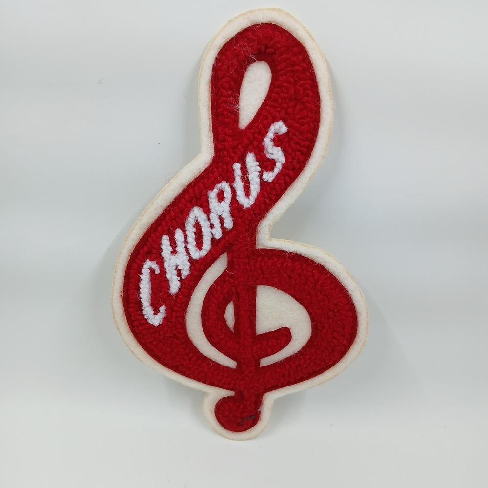 Vintage Chorus Treble Clef Embroidered Sew-On Patch Red White Chenille Music
